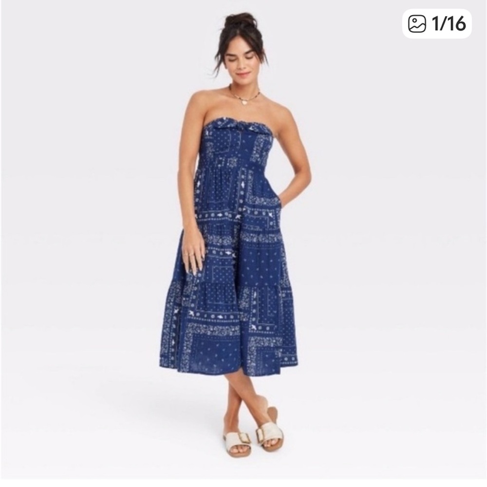 Navy Blue and white Bandana Print S/M  Maxi Dress